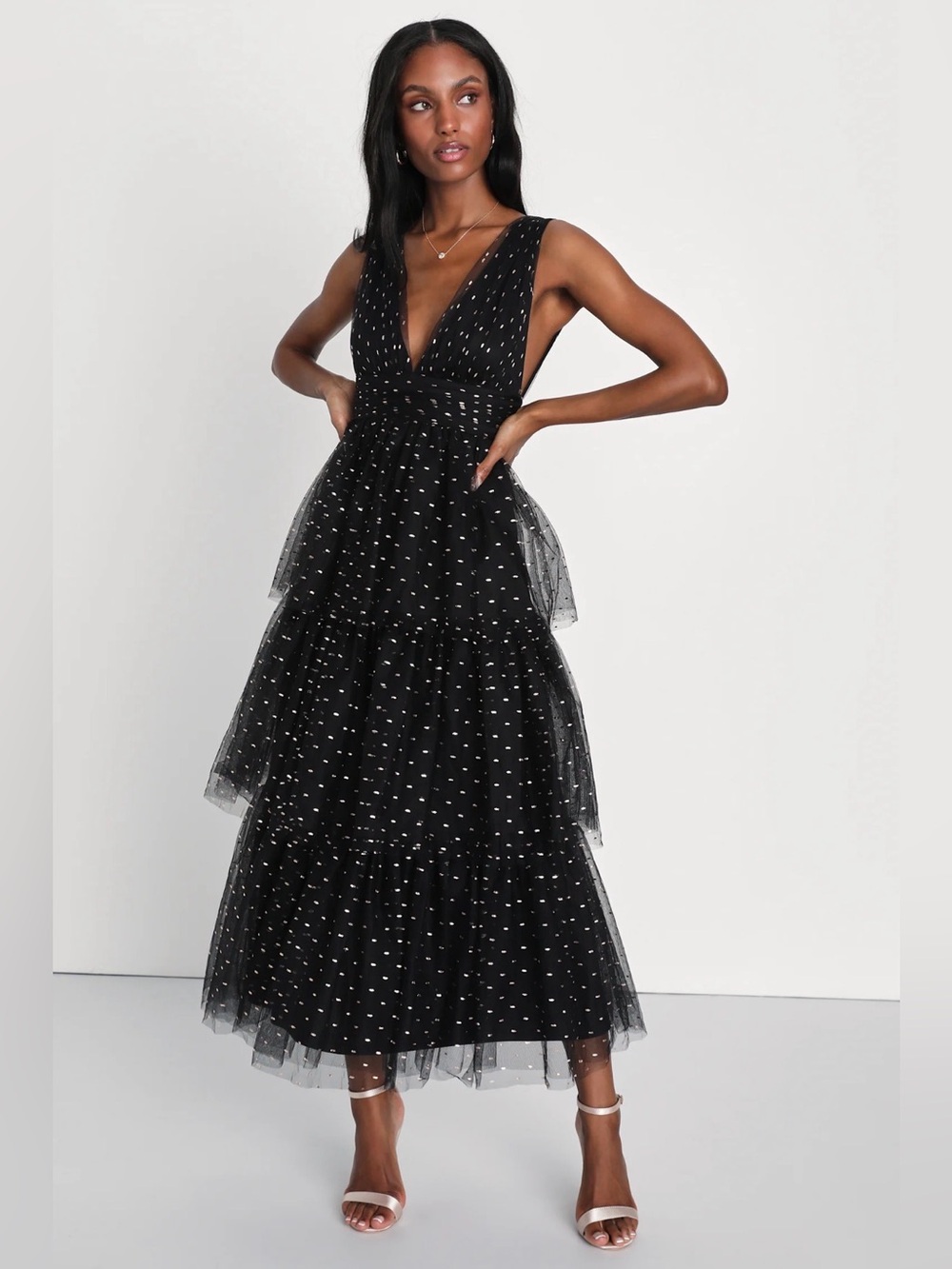 Lulus Decadent Impression Black Tulle Tiered Shiny Dot Midi Dress & Gold Tulle - Picture 1 of 9